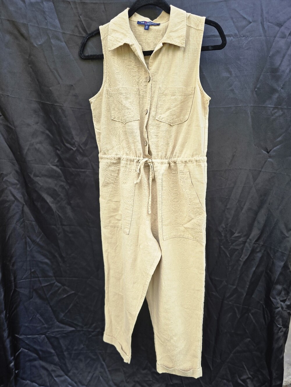 Casual Sleeveless Jumpsuit Drawstring Waist Linen Blend Earthy Vibe Size Small